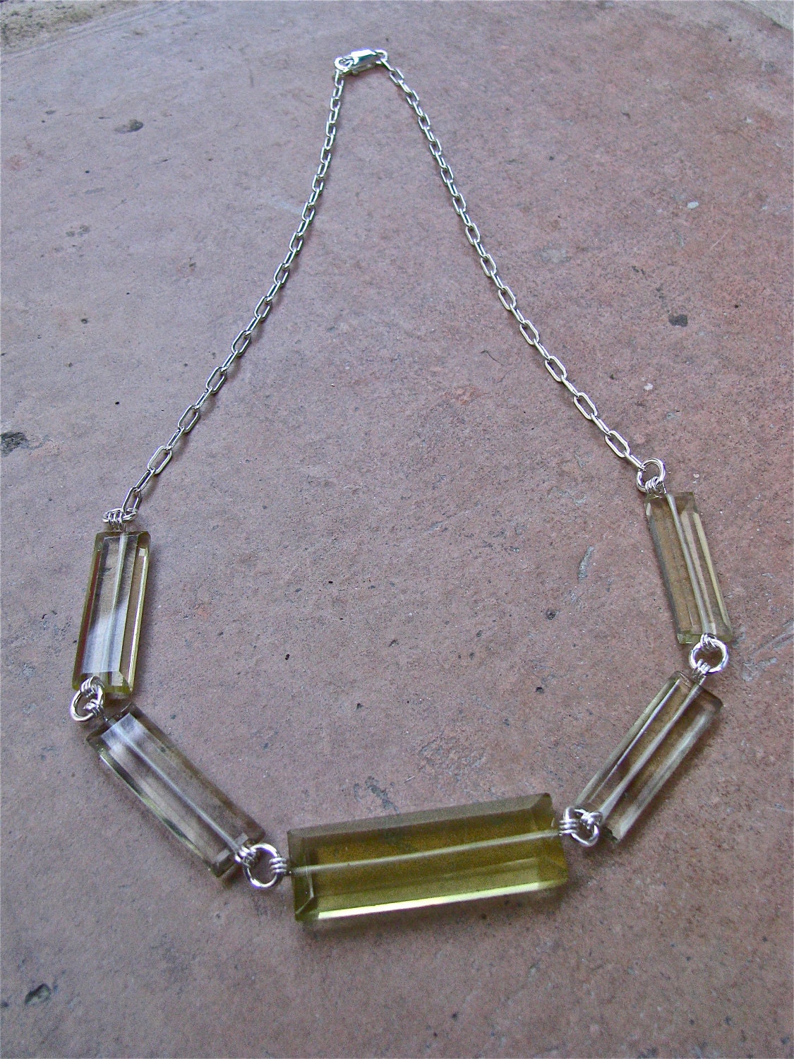 Sterling Silver Chain Necklace Mixed with Bio Lemon Quartz Rectangular Faceted Stones Of Brilliant Yellow and Brown