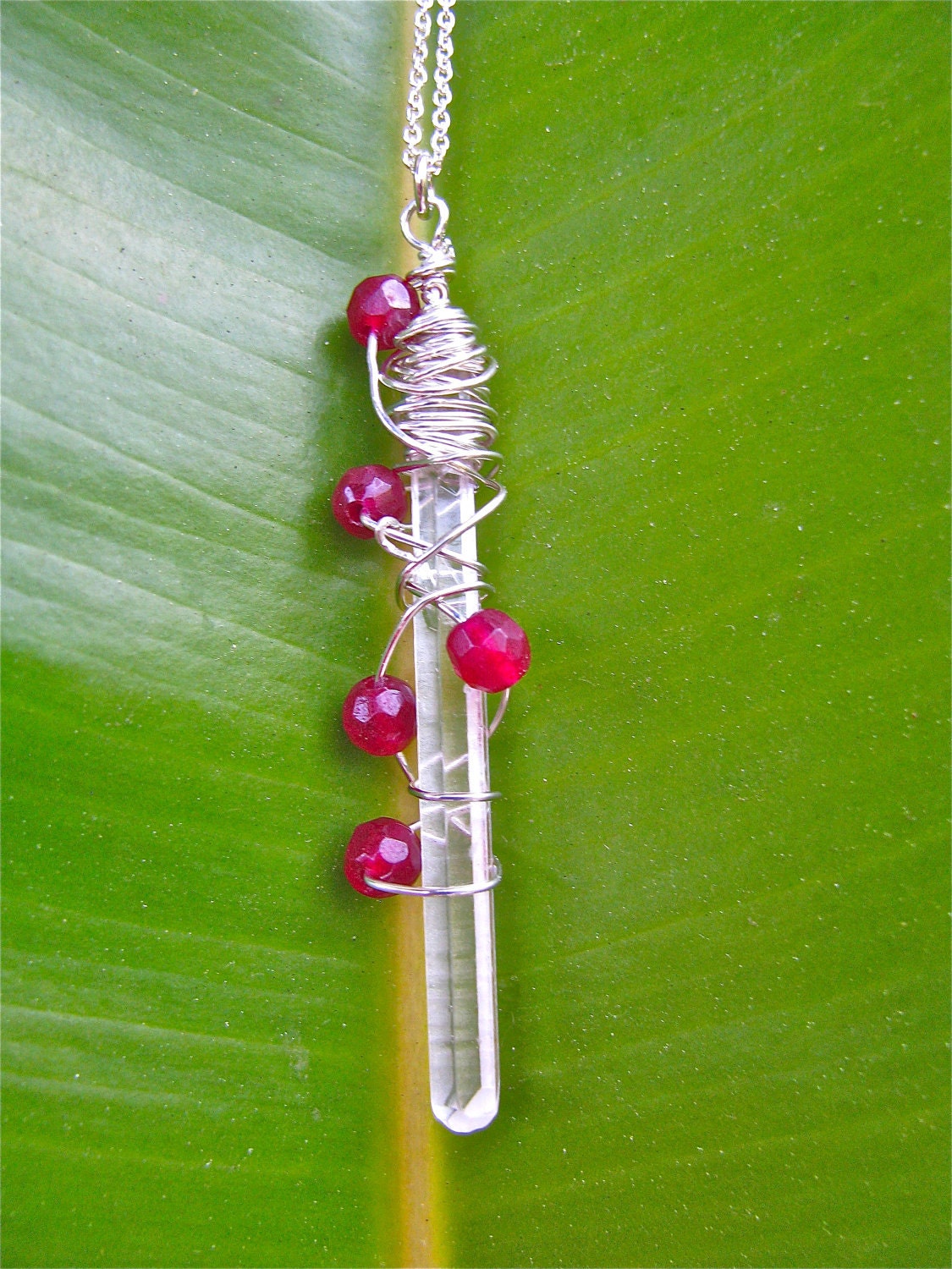 Raw Crystal Icicle Raspberry Jade Wire Wrapped in Sterling Silver and Strung on a Sterling Silver Chain