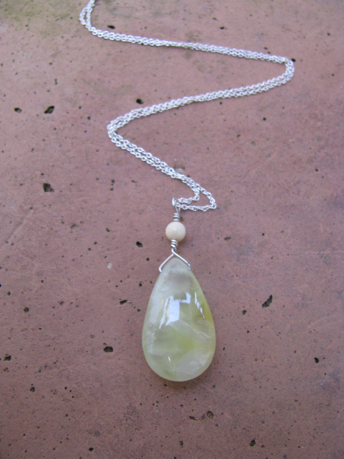 Golden Prehnite Teardrop Pendant Accented with a Round Mammoth Ivory Bead Wire Wrapped with Sterling Silver and Strung on a Sterling Silver