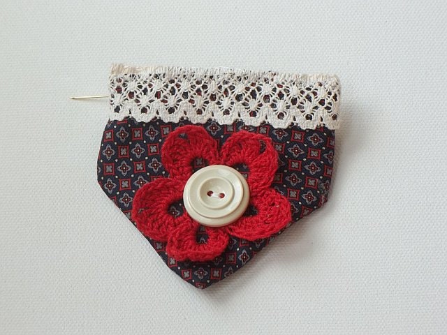 Vintage silk tie brooch ships free US - Navy with red and white print, cream lace, cream vintage button, red crochet flower.
