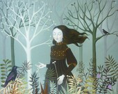 Original Painting Fine Art Autumn Dream Portrait Girl Woman Bird Modern Fall
