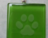 Etched glass deep green paw print pendant