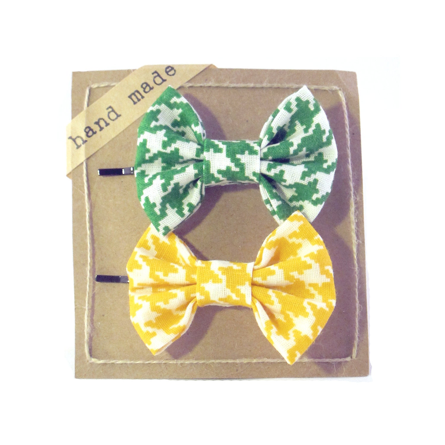 Green and Yellow Houndstooth  - Hair bows - Set of Two Bobby Pins