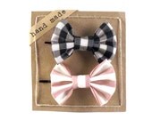 Black White Gingham and Pink Stripes - Hair bows - Set of Two Bobby Pins