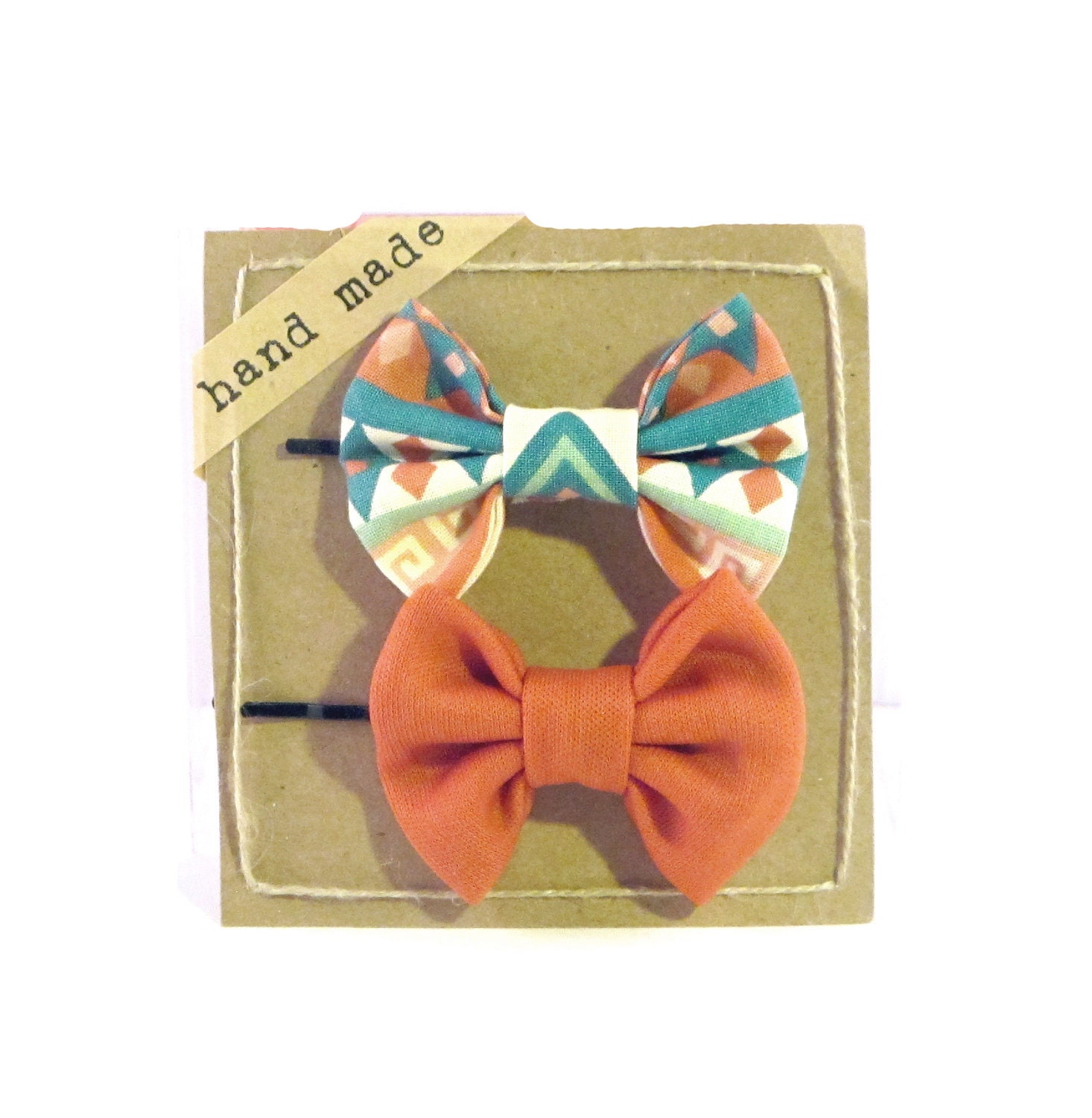 Geometric Orange Blue - Hair bows - Set of Two Bobby Pins