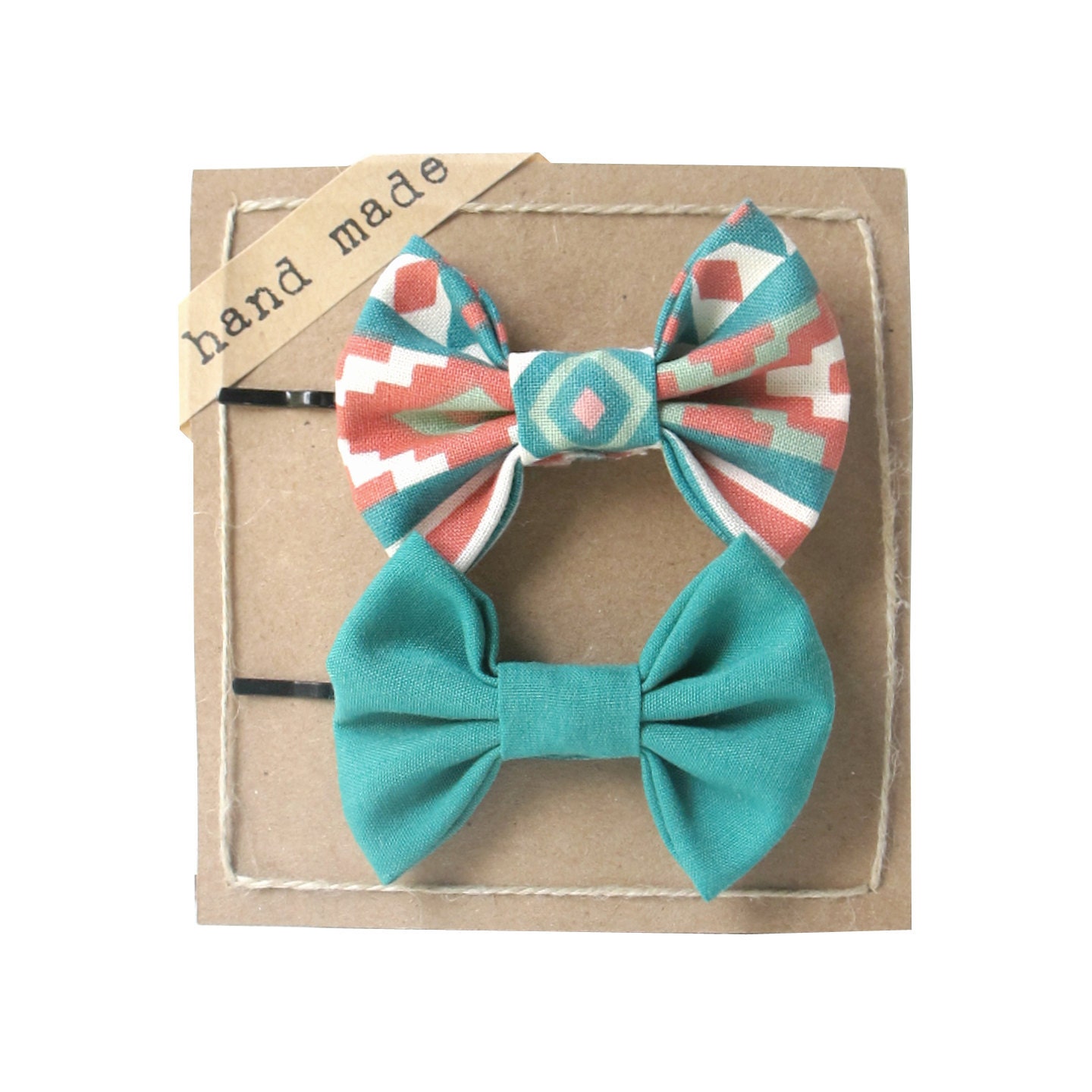 Orange Geometric and Green - Hair bows - Set of Two Bobby Pins