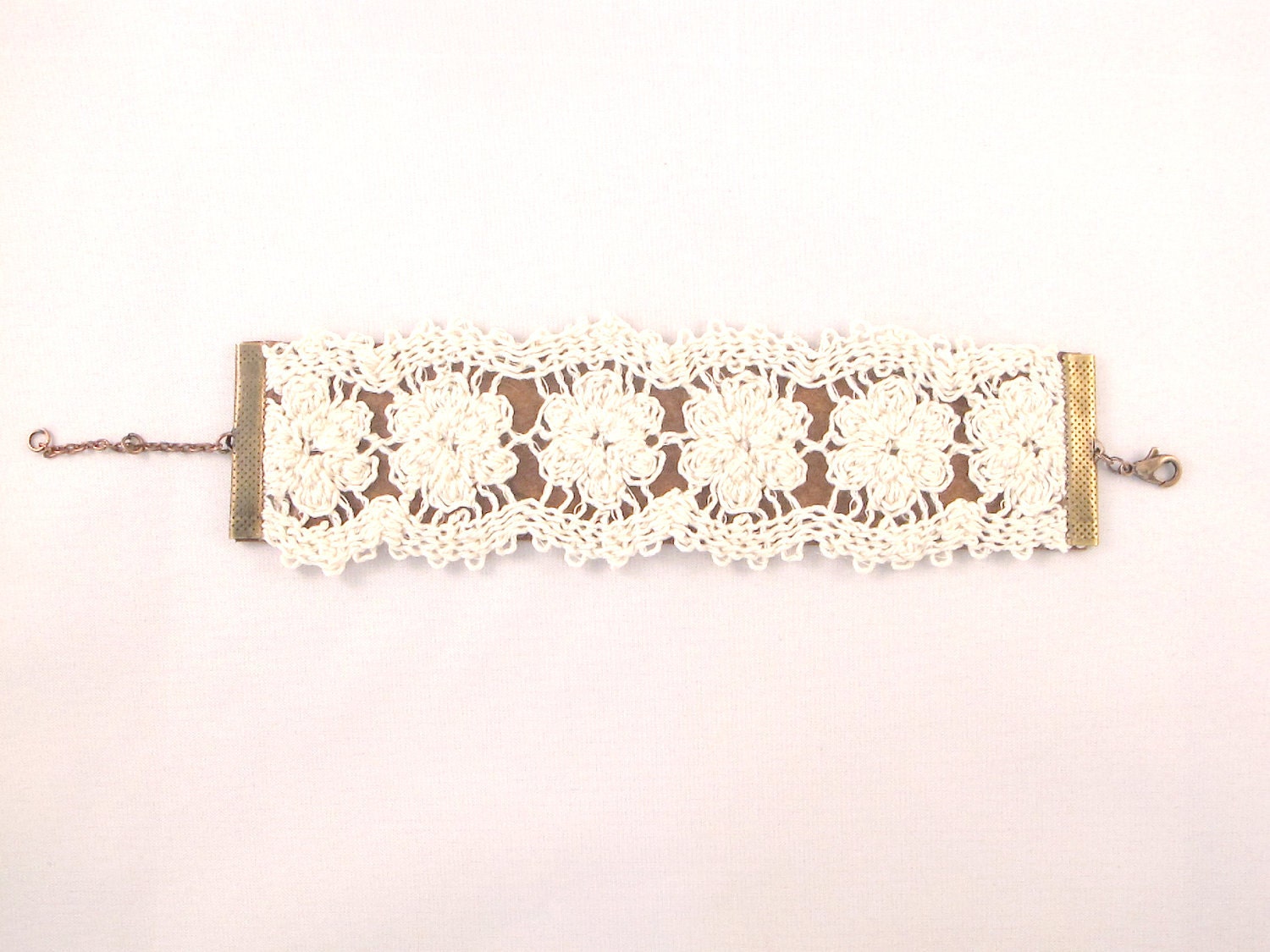 Lace Leather Bracelet - A romantic combination of white lace flowers with brown leather