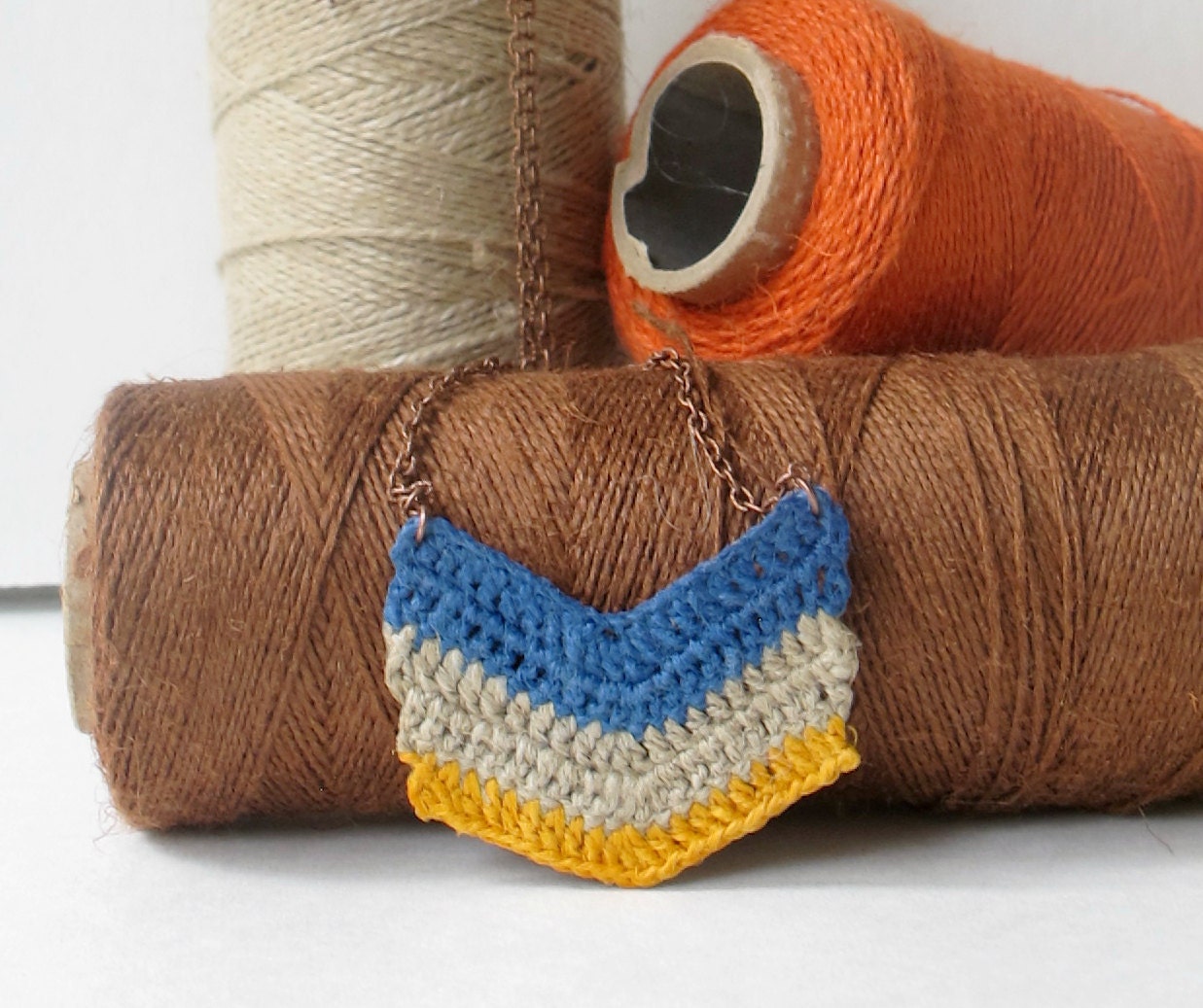 Blue, Beige, Yellow Stripes - Chevron Crocheted Necklace