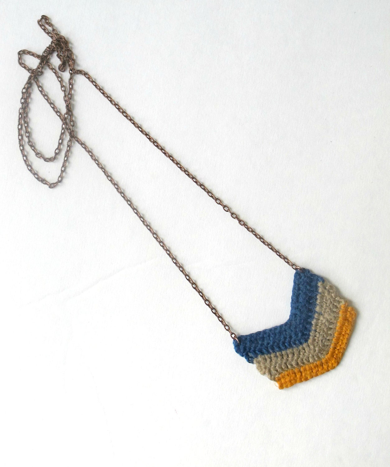 Blue, Beige, Yellow Stripes - Chevron Crocheted Necklace