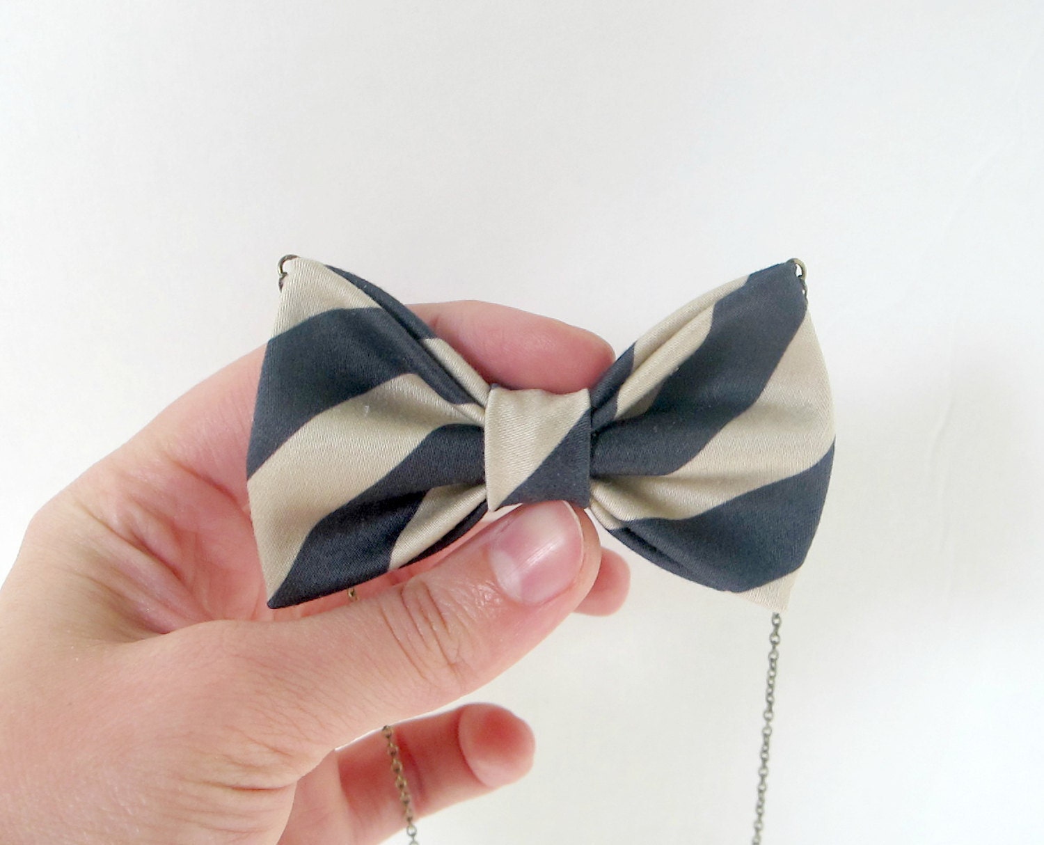 Tan with Navy Blue Stripes - Bow Tie Necklace