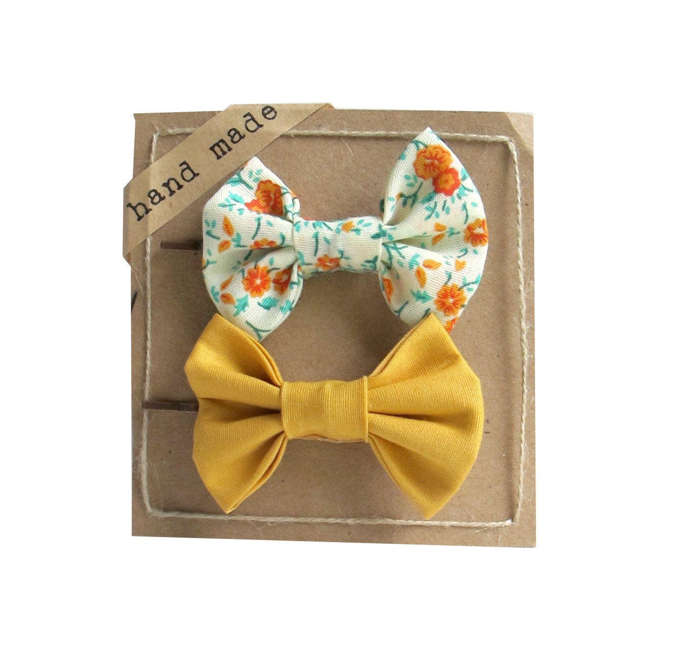 Floral Mustard - Hair bows - Set of Two Bobby Pins