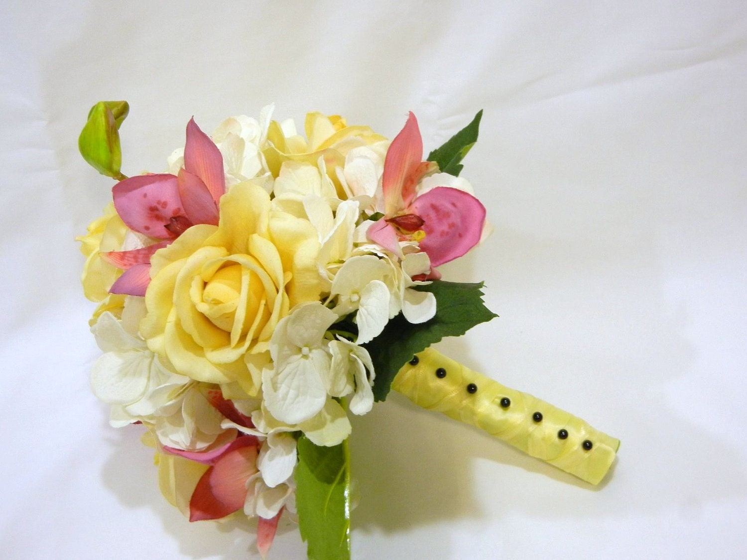 Real Touch Yellow Real Touch Roses, Hydrangeas and Pink Orchid Bridal Silk Bouquet
