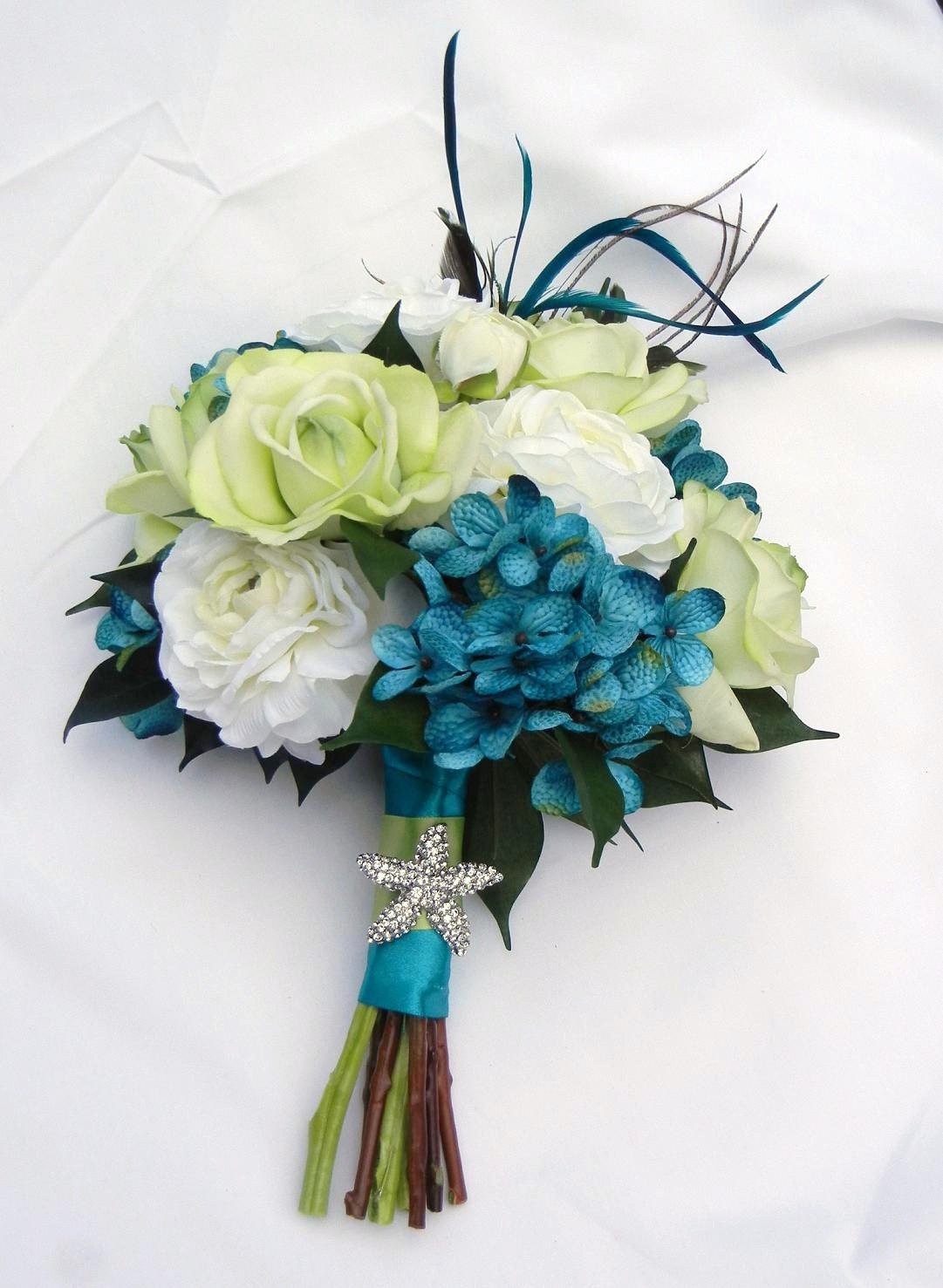 Real Touch Bridal Bouquet with Green Real Touch, Turqouise Hydrangeas, White Rananculus, and Feathers