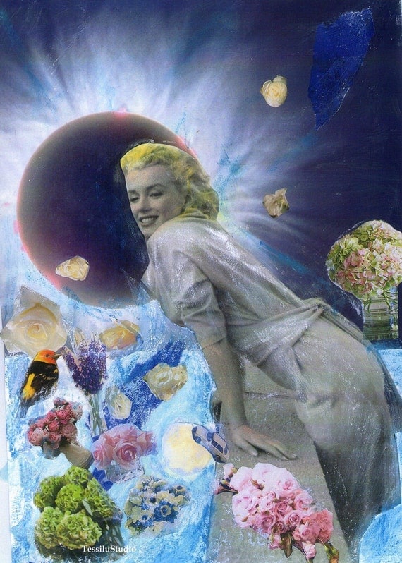 Vintage Look Modern Art: "Marilyn in Solar Eclipse" Flowers in Outer Space and Marilyn Monroe Too