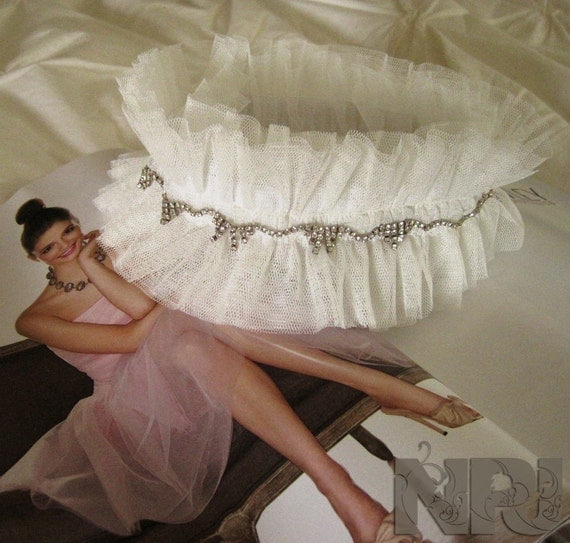 SALE White Tulle Pure Princess Garter with Rhinestones