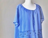 70s Vintage French Blue a bit  Gipsy  whit Ethic Print Blouse Top