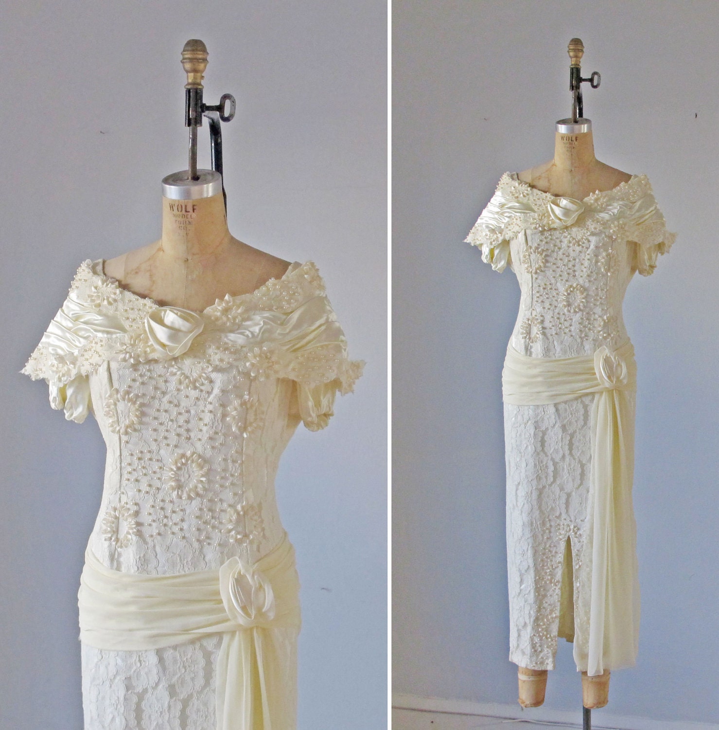 Wedding  Dress /  Vintage 1950s wedding dress / Gown / Hand made / Silk Satin / Lace /  Pearls  / Cream white