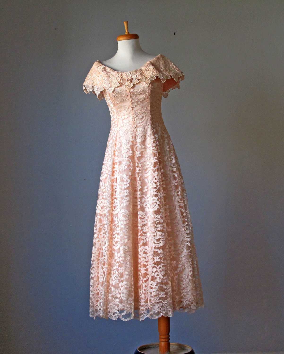 Lace Dress / Pale peach / Victorian lace / Silk Satin / Wedding / Party / Gown / Vintage