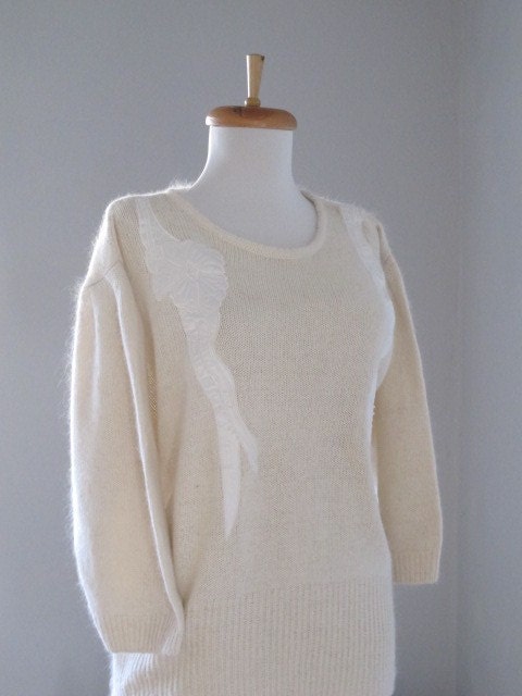 70s Ivory Angora Avantgarde Embroidery Sweater