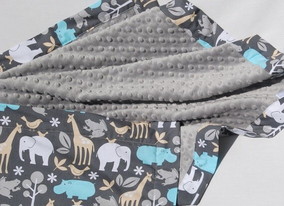Minky Baby Blanket - Michael Miller Sea Zoology with Light Gray Minky - Personalization Available