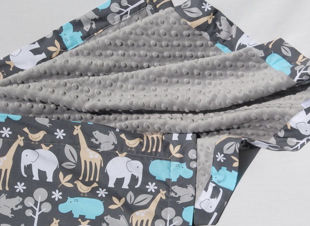 Minky Baby Blanket - Michael Miller Sea Zoology with Light Gray Minky - Personalization Available