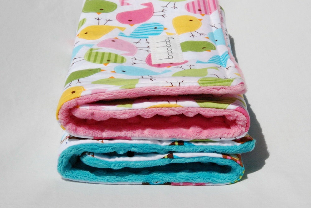 Baby Girl Gift Set- Minky Bib & 2 Minky Burp Cloths - Robert Kaufman Spring Birds with Hot Pink Minky and Bird Houses with Teal Minky