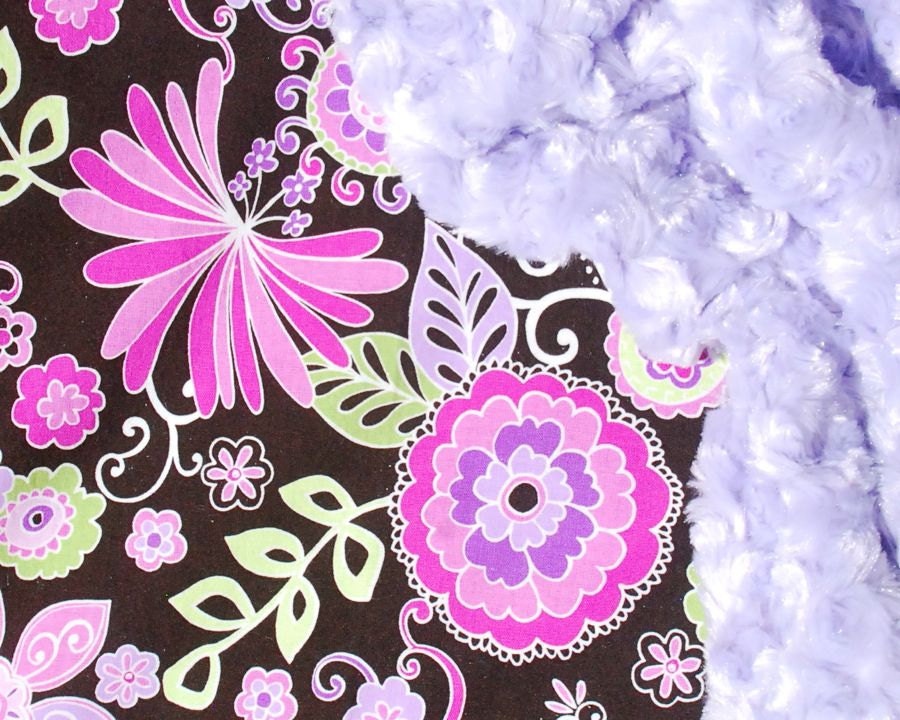 Sale and Ready to Ship - Purple Minky Baby Blanket - Michael Miller Boho Blossom with Lavender Puprle Swirl Minky for your Baby Girl