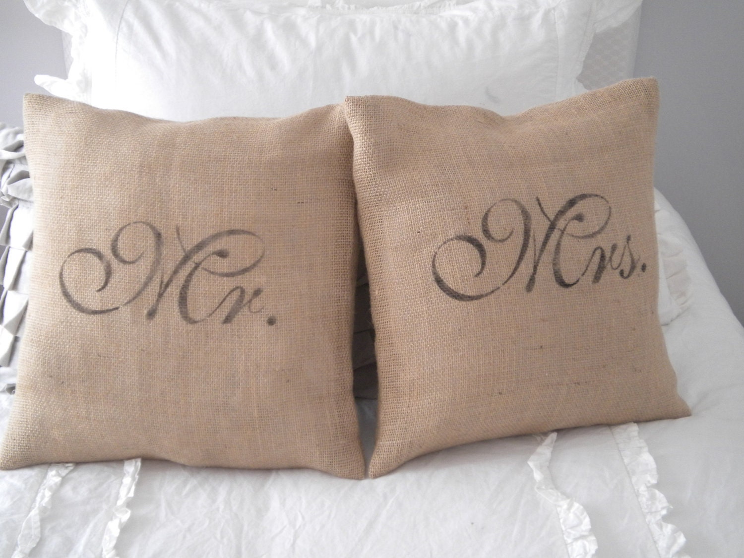 Set of Mr. and Mrs. Burlap Pillow Covers