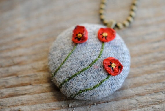 Woodland Holiday Poppy Necklace, gray wool with red embroidered flowers,