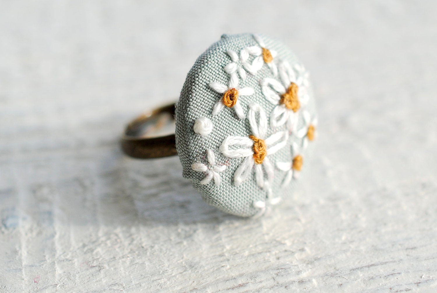 Mint Daisy Ring, Embroidered Ring, white and mustard, vintage silk