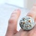 Mint Daisy Ring, Embroidered Ring, white and mustard, vintage silk