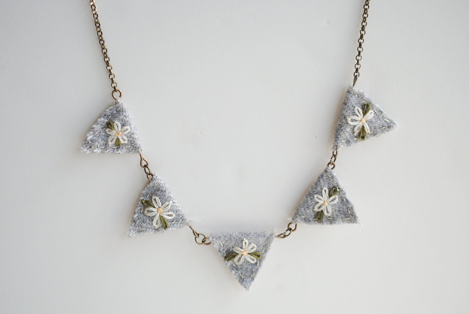Daisy Necklace on Bunting Necklace  Daisy Chain Necklace  Hand Embroidered Gray Wool