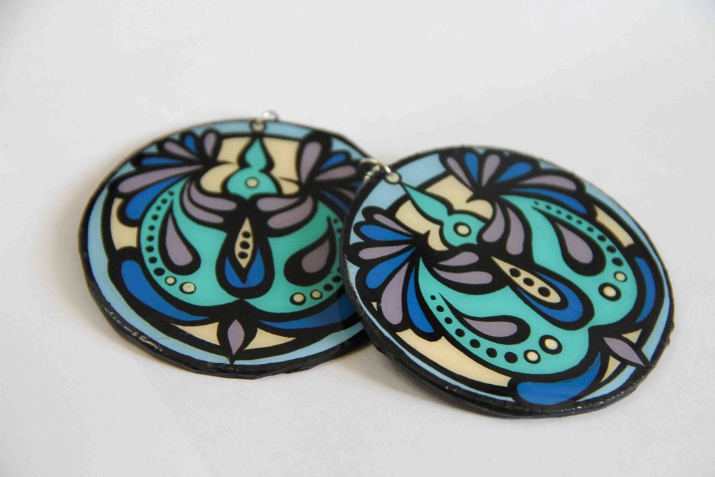 Modern Handpainted Large Circular Persian Floral Inspired Earrings in Lavender, Aqua and Deep Blue