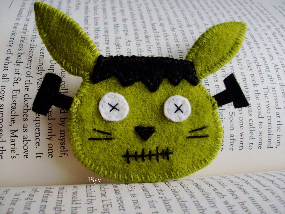 Frankenstein Bunny Rabbit Brooch Halloween Pin Felted Wool
