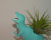 T Rex dinosaur planter in turquoise blue with personalized message and air plant. Perfect gift for him.