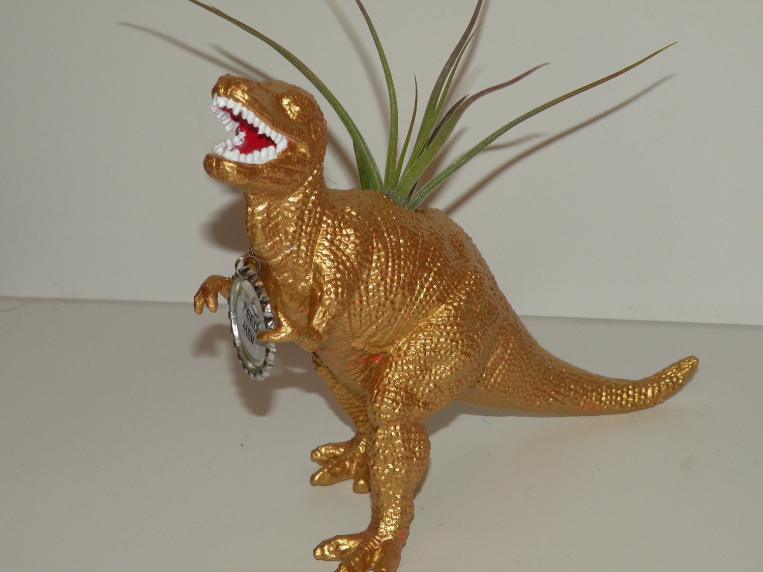 Tony the T Rex dinosaur planter in gold with personalized message and air plant. Perfect gift for him.