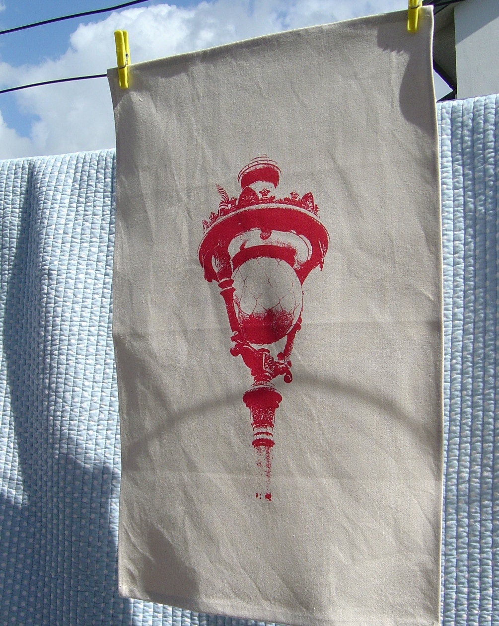 Spanish Street Lamp Tea Towel - Ruby Red on Natural Cotton