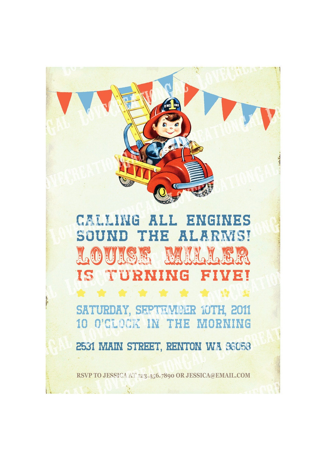 Digital PRINTABLE Vintage Fire Engine Firefighter Celebrate Boy Children Birthday Party Baby Shower Nursery Invitation Cards Sheet IN20