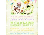 Digital PRINTABLE Vintage Woodland Fairy Girl Deer Bird Celebrate Birthday Tea Party Daughter Princess Children Banner Invitation Cards IN25