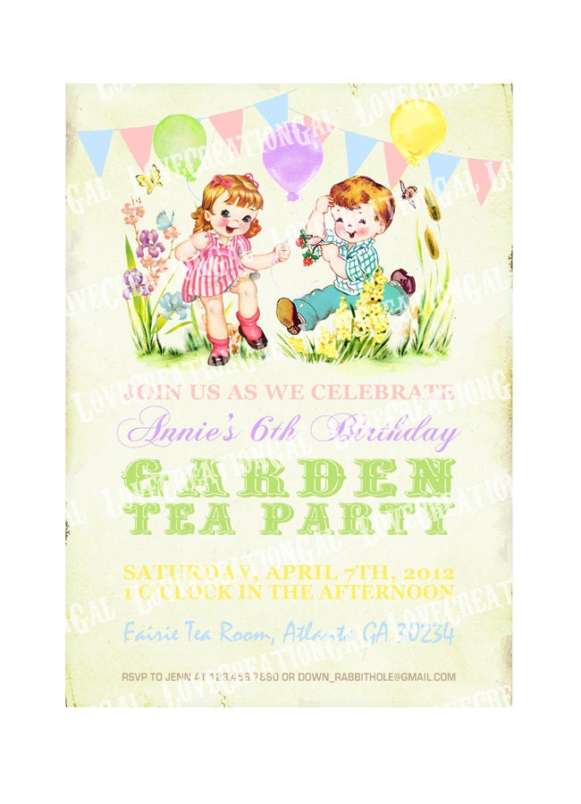 Digital PRINTABLE Vintage Garden Tea party Girl Boy Bee Celebrate Birthday Daughter Son Princess Children Banner Invitation Cards IN30