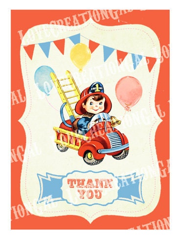 Printable Digital Vintage Fire Engine Firefighter Boy Children Party Celebrate Birthday Son Thank you Card Note Gift Tags Images Sheet Sh265