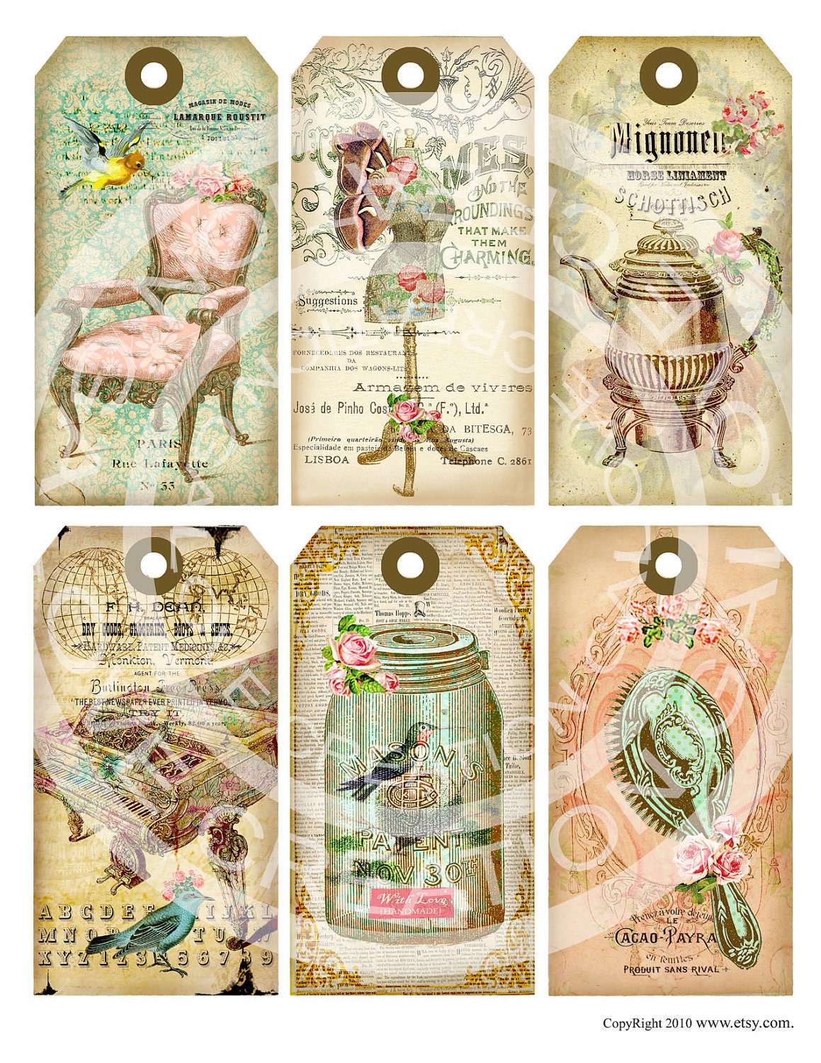 Vintage Shabby Chic Paris French Antique Chair Dress form Thank You Note Cards Labels Gift Tags Digital Collage Sheet clip art Images Sh148