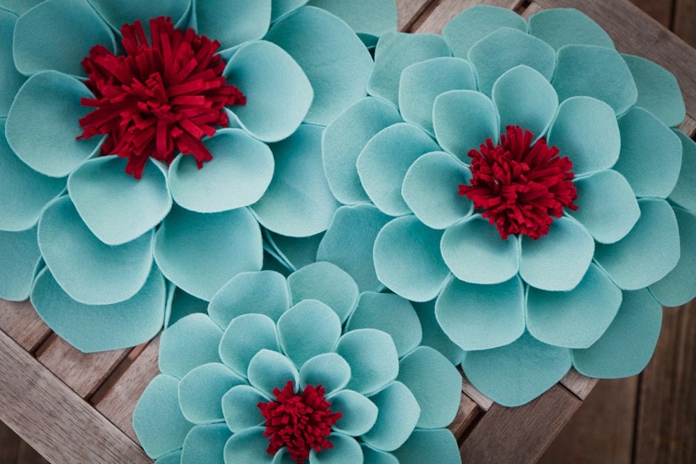 SALE Aqua and Red Wallflowers (set of 3)