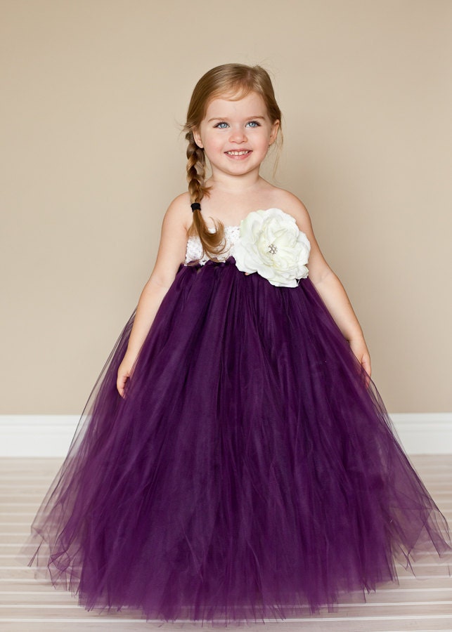 Plum Flower Girl Tutu Dress with Vintage Rose