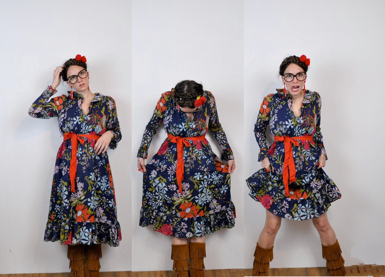 Navy Blue Red Chartreuse Lightweight Layers Dress 1960s Maekos Medium