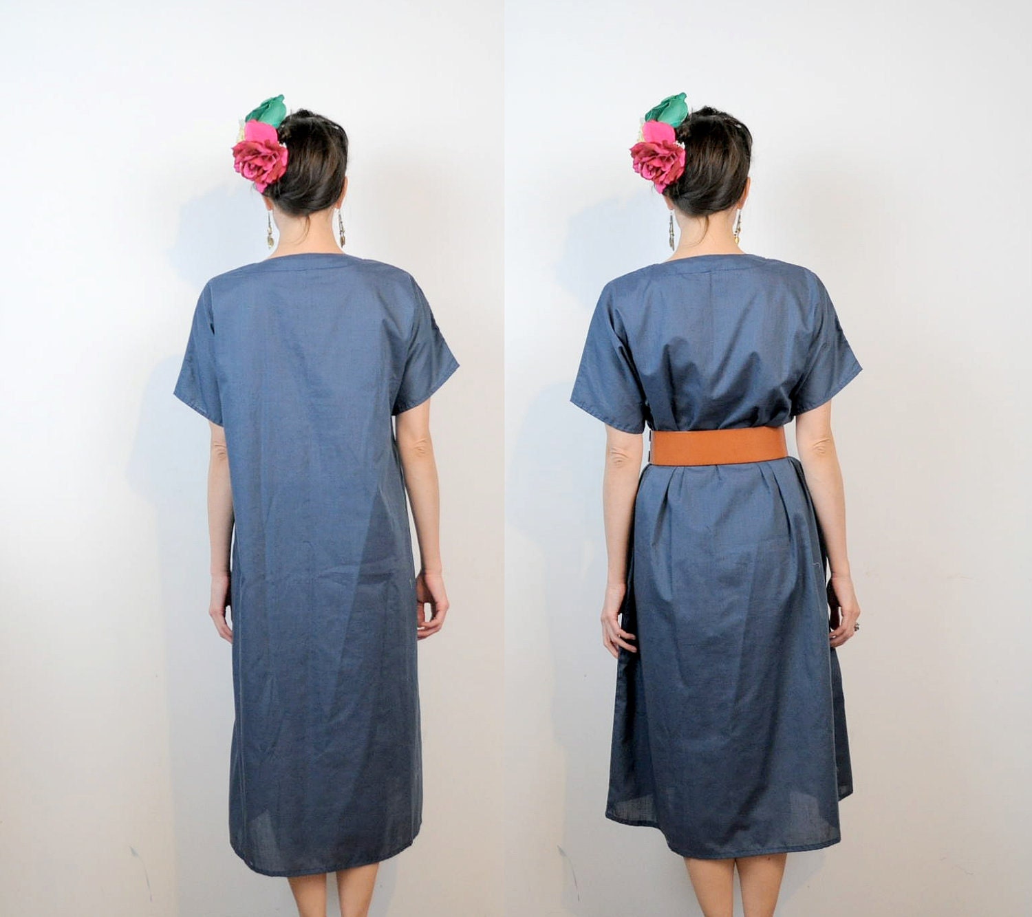 Patchwork Dress Mexican Inspired Kaftan Slate Blue Applique OSMF
