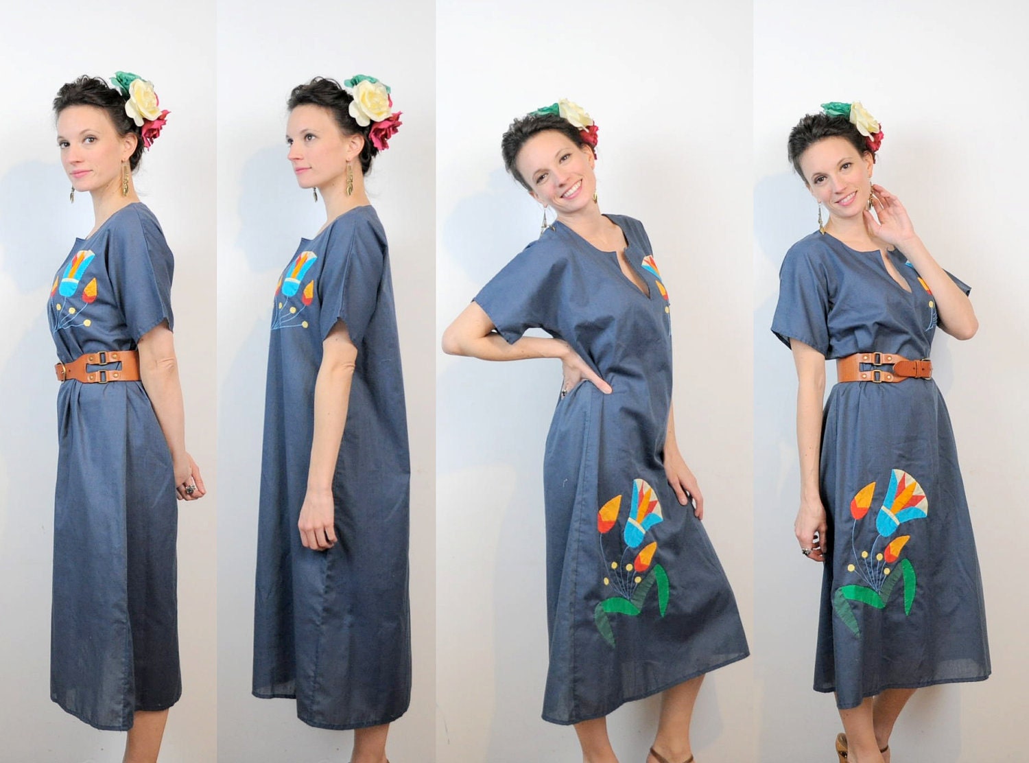 Patchwork Dress Mexican Inspired Kaftan Slate Blue Applique OSMF