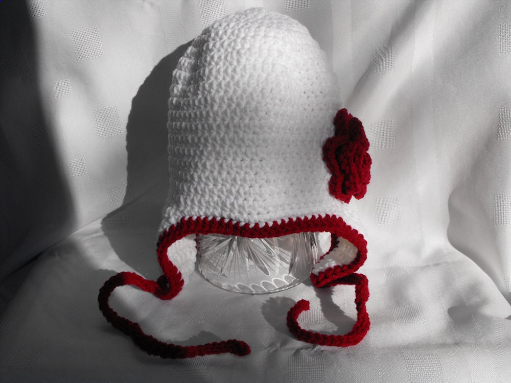 SALE 12 to 24 months White and Burgandy Earflap Hat with Ties and Flower