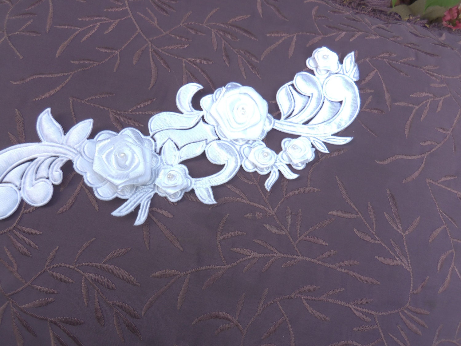 White Satin Roses, Appliques, Spray of Roses, Bridal or Millinery Supply