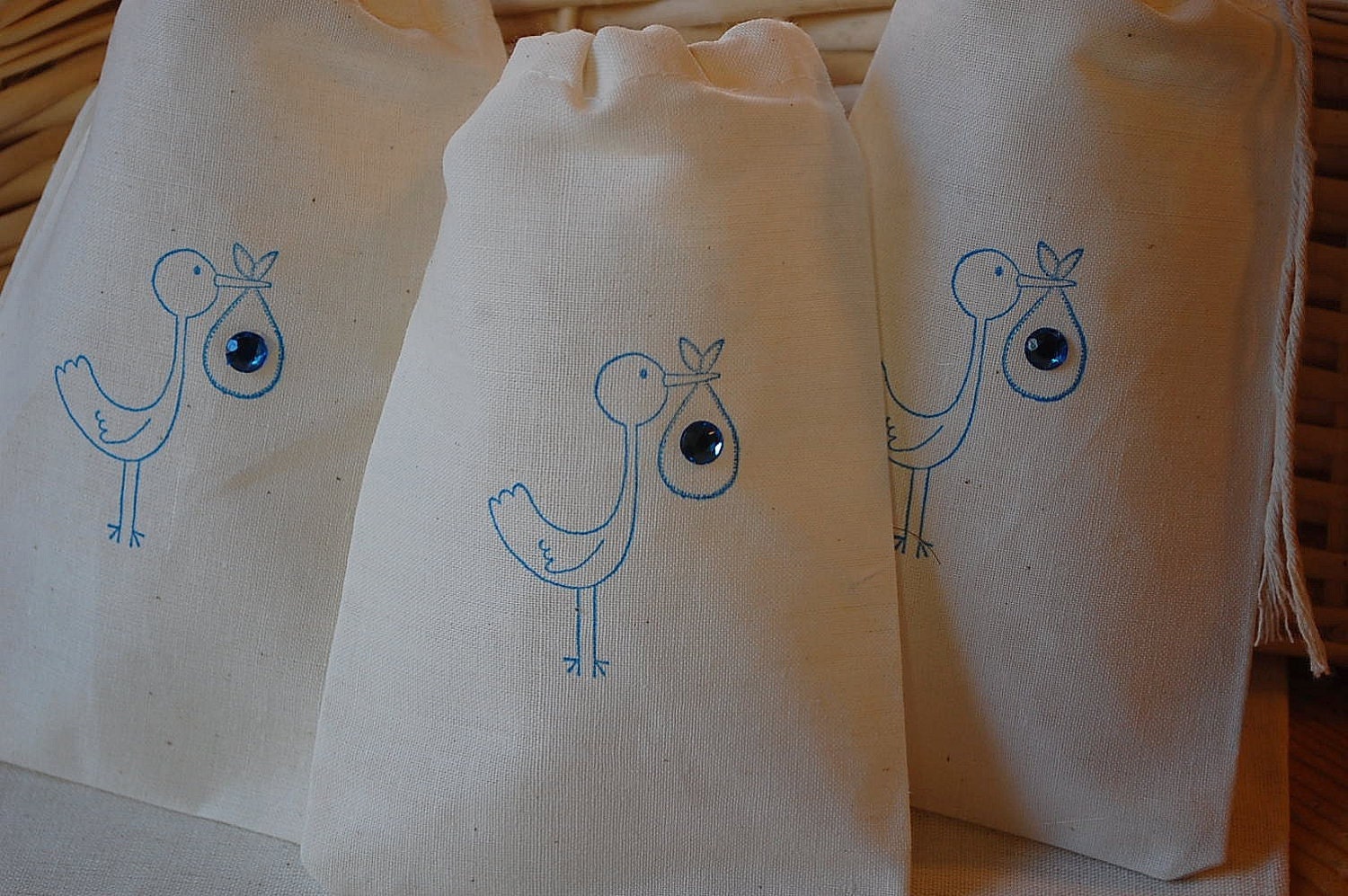 10 Blue Stork with Faux Jewel Organic Muslin Cotton Favor Gift Bags 4x6 Great for Baby Showers Il_170x135